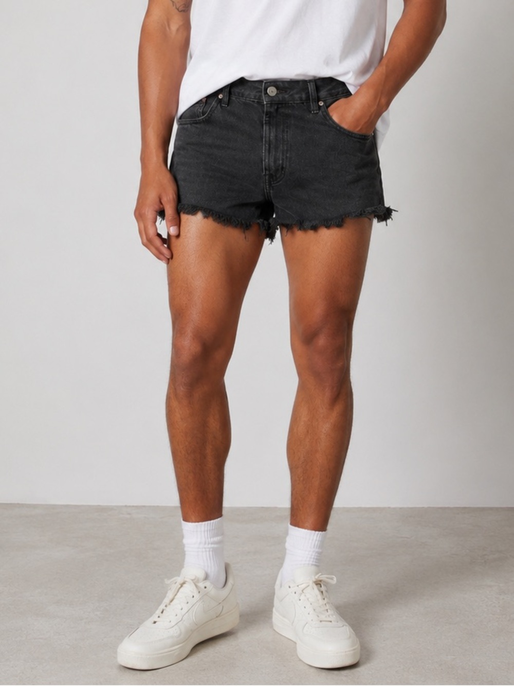 Dapper Boi Black Distressed Raw Hem Denim Shorts Size 36 Gender Neutral Stretch